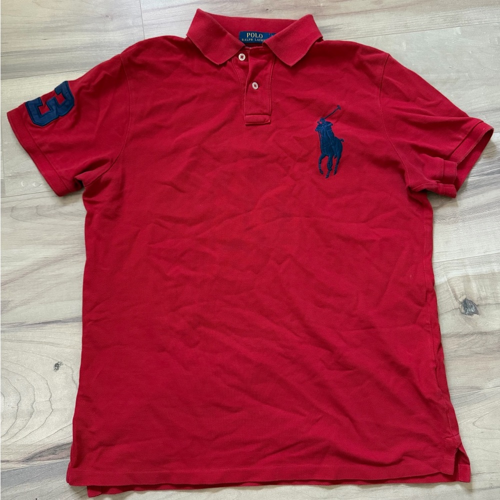 Ralph Lauren Red Polo Shirt with Navy Pony & Sleeve Number